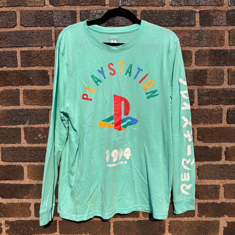PlayStation 1994 Long Sleeve Shirt Mens M Aqua Teal Retro Logo Tokyo Japan